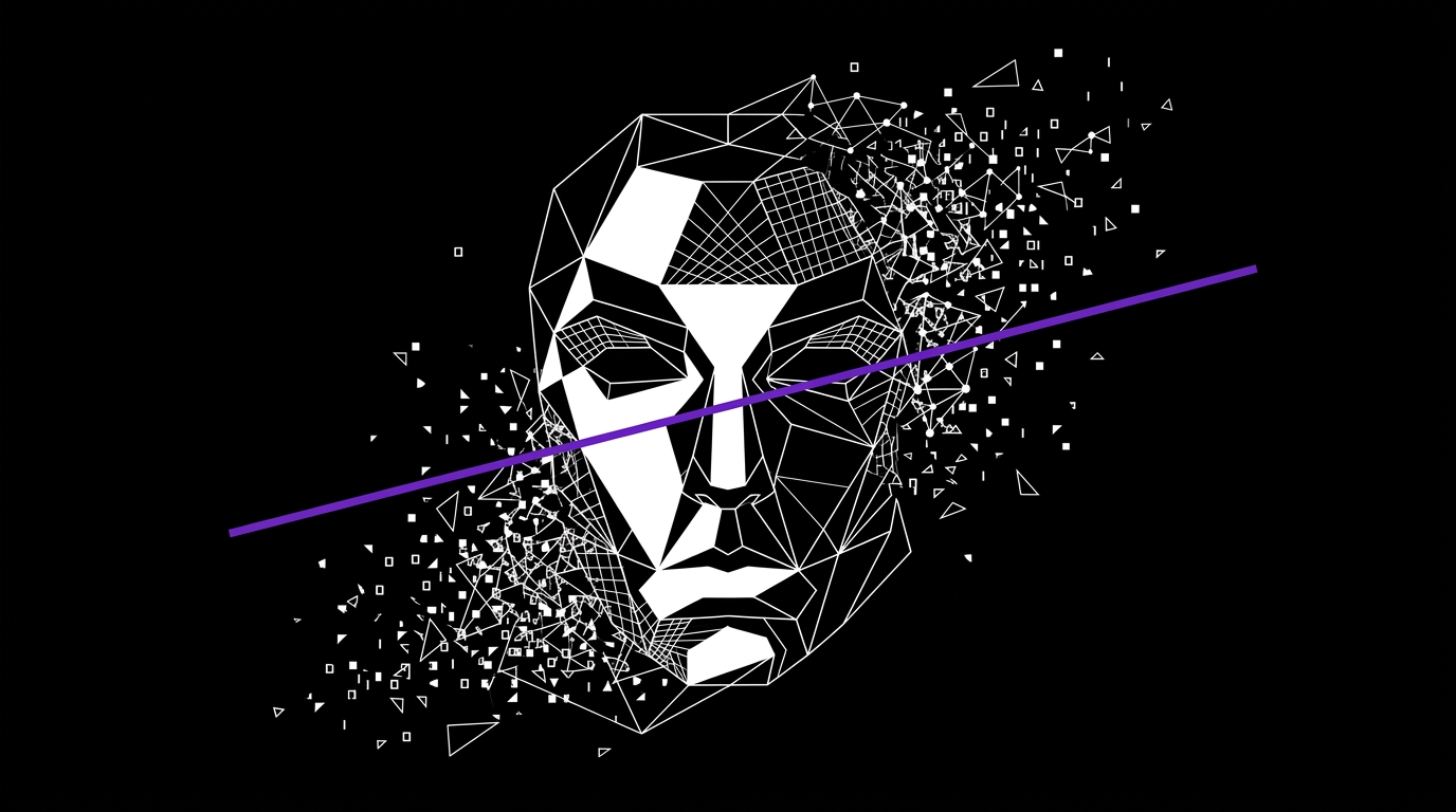 Biała geometryczna maska twarzy fragmentująca się w tysiące cyfrowych okruchów, z fioletową diagonalną linią cięcia w centrum — symbol deepfake'a rozkładającego tożsamość na syntetyczne dane.