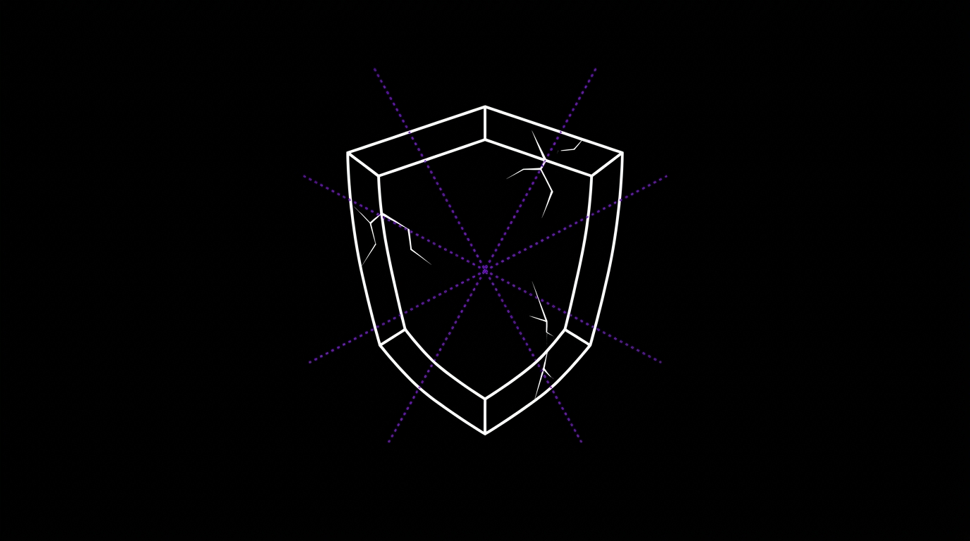 Biała izometryczna tarcza na czarnym tle, prześwietlana violetowymi liniami pomiarowymi, z widocznymi drobnymi pęknięciami wewnątrz — blueprint-review cyber-ubezpieczenia.